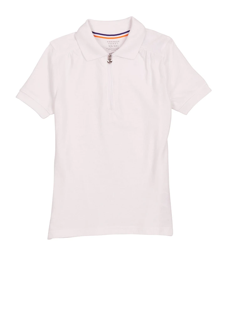 French Toast Girls 4-6x Short Sleeve Heart Half Zip Polo Shirt, White, Size 4-5