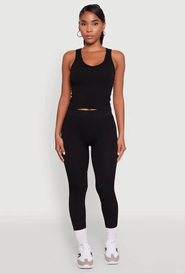 Womens Stylish High Waisted Seamless Ribbed Knit Leggings, Black, Size S