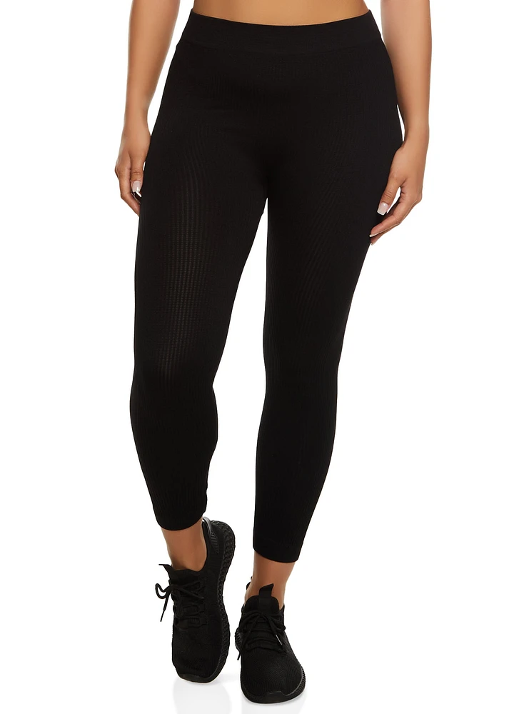 Womens Waffle Knit High Waisted Leggings, Black, Size M