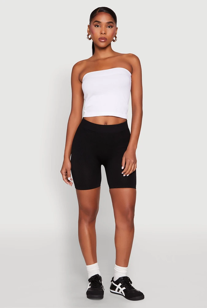 Womens Compression Rib Seamless Biker Shorts, Black, Size S-M