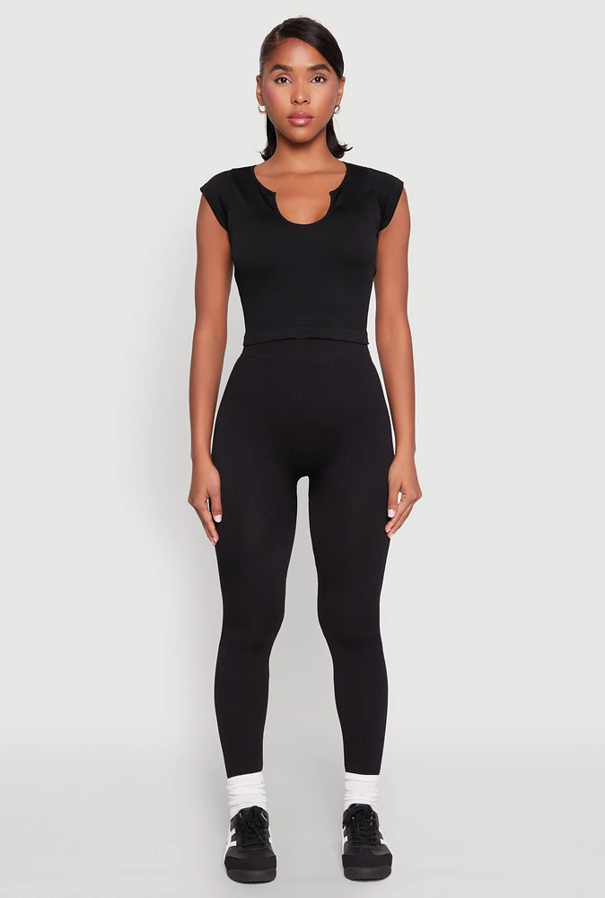 Womens High Waisted Rib Knit Leggings, Black, Size XL