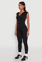 Womens High Waisted Rib Knit Leggings, Black, Size XL