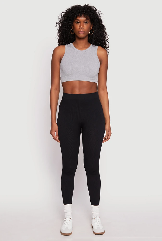 Womens Seamless Ribbed Knit High Waist Leggings, Black, Size L-XL