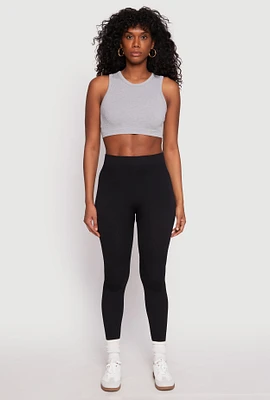 Womens Seamless Ribbed Knit High Waist Leggings, Black, Size L-XL