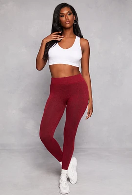Womens Fleece Textured Waistband Leggings, Burgundy, Size L-XL