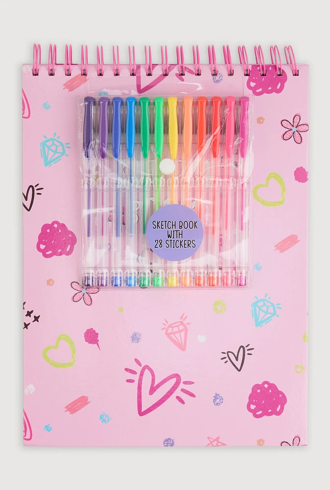 Printed Spiral Sketchbook with Gel Pens, Pink