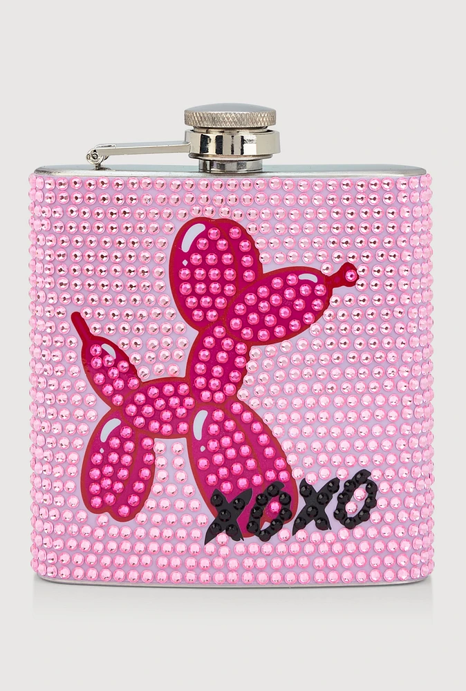 Rhinestone Balloon Dog XOXO Graphic Flask, Pink