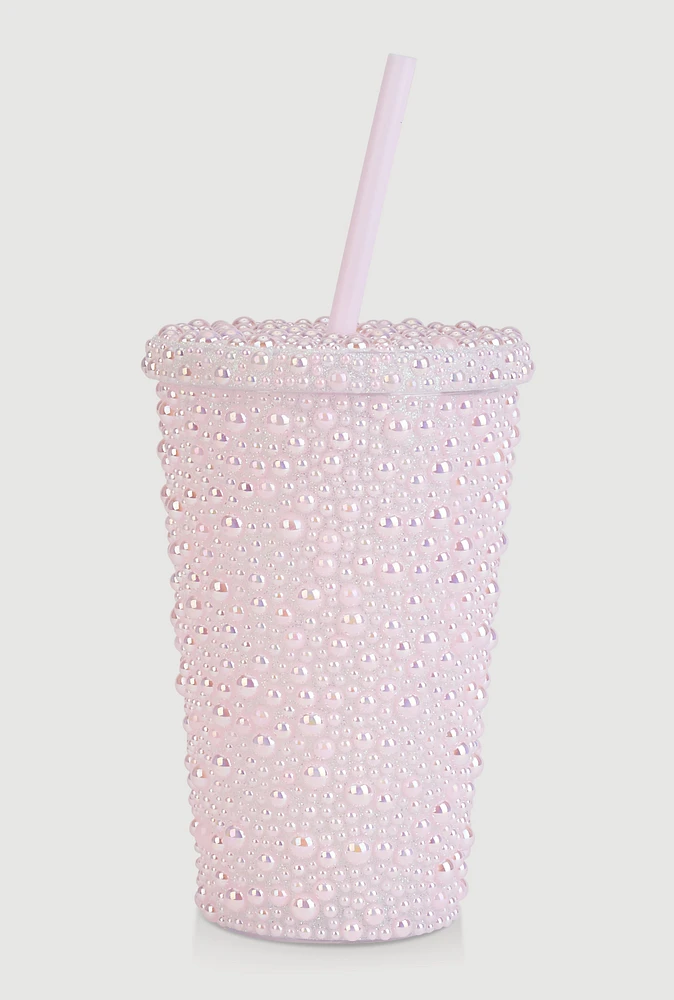 Faux Pearl Studded Tumbler and Straw, Pink