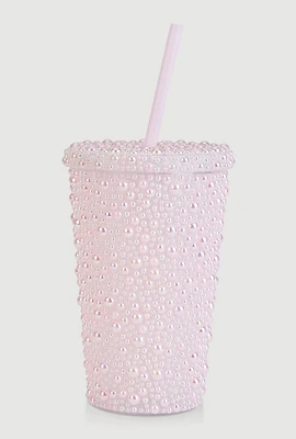 Faux Pearl Studded Tumbler and Straw, Pink