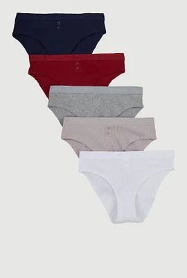 Womens Rib Knit Button Detail Bikini Panties 5 Pack, Multi, Size XL