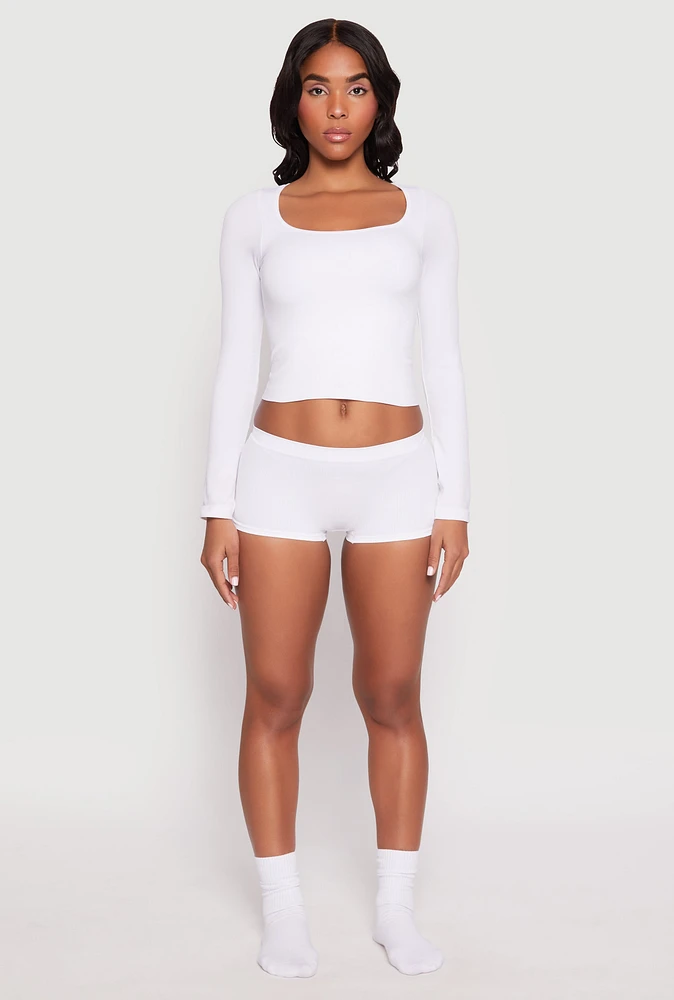 Womens Ribbed Knit Seamless Boyshort Underwear, White, Size S