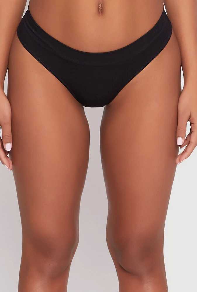 Womens Solid Ribbed Knit Seamless Thong Panty, Black, Size L