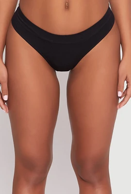 Womens Solid Ribbed Knit Seamless Thong Panty, Black, Size L