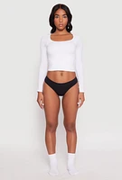Womens Solid Ribbed Knit Seamless Thong Panty, Black, Size L