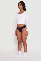 Womens Solid Ribbed Knit Seamless Thong Panty, Black, Size S