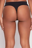 Womens Solid Ribbed Knit Seamless Thong Panty, Black, Size L