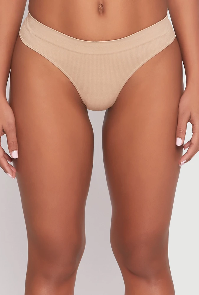 Womens Seamless Rib Knit Thong, Beige, Size XL