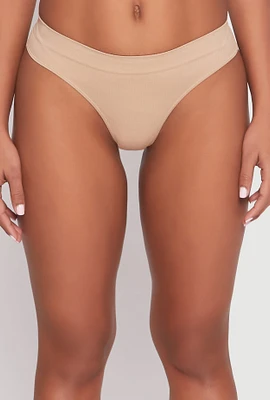 Womens Seamless Rib Knit Thong, Beige, Size XL