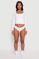 Womens Ribbed Knit Seamless Thong Panty, White, Size L