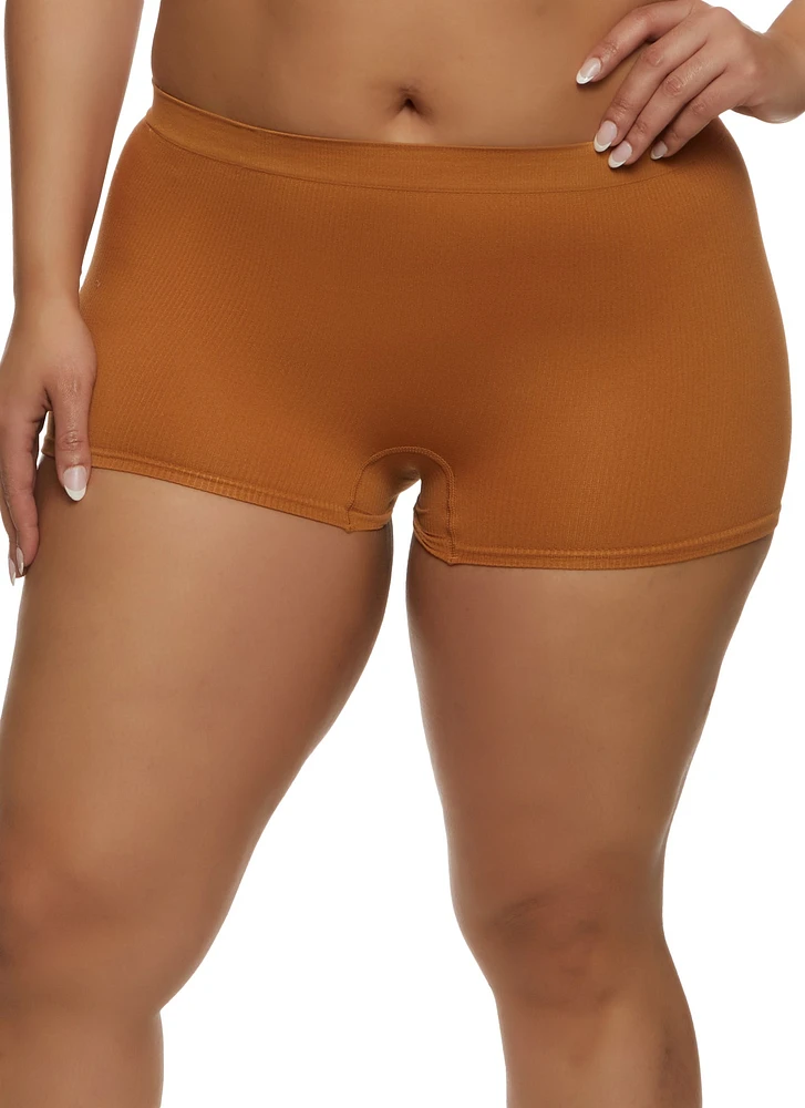 Womens Plus Size Seamless Ribbed Boyshort Panty, Brown, Size 3X