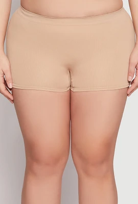 Womens Plus Size Ribbed Knit Seamless Boyshort Panty, Beige, Size 1X