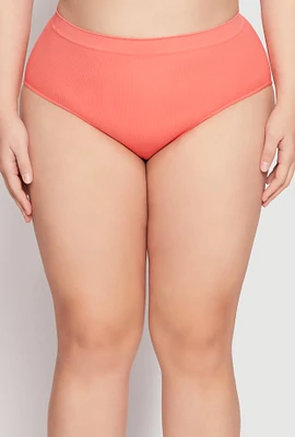 Womens Plus Ribbed Knit Seamless Bikini Underwear, Orange,