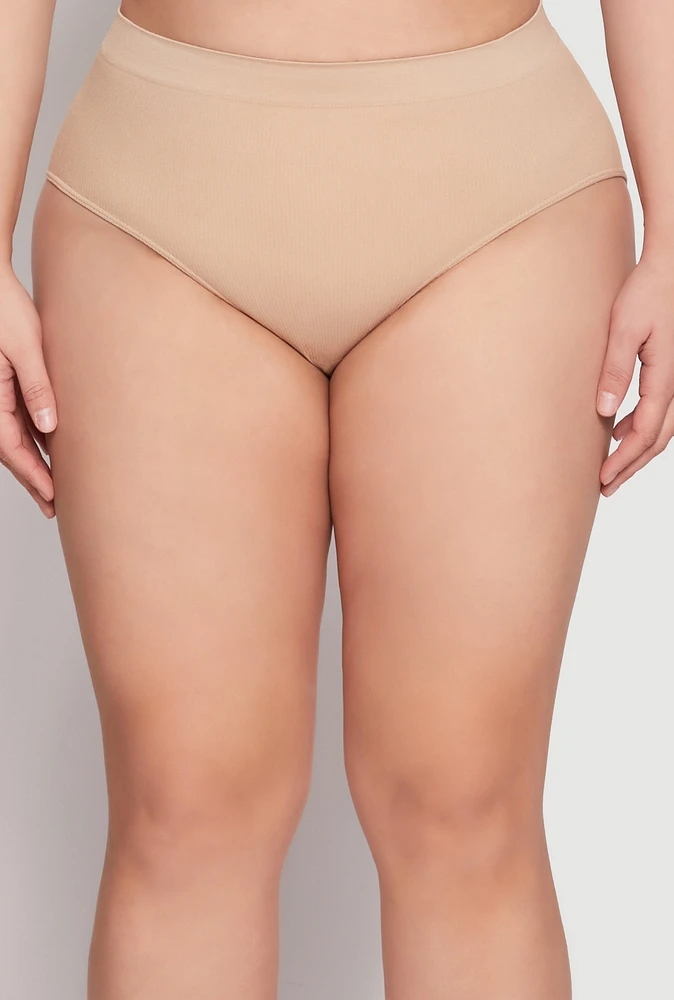 Womens Plus Seamless Ribbed Knit Hipster Panty, Beige,