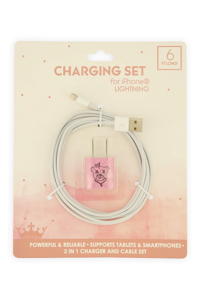 Bear Graphic USB iPhone Lightning Charging Set, White