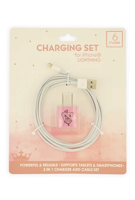 Bear Graphic USB iPhone Lightning Charging Set, White