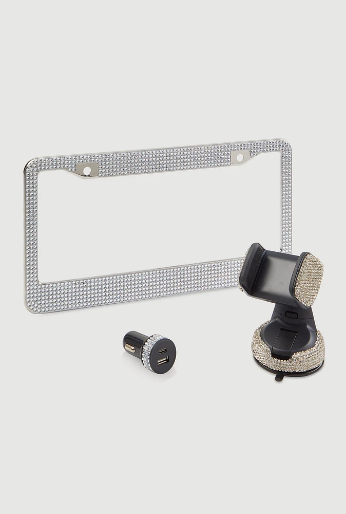 Bling Car Accessory 3 Piece Set, Silver
