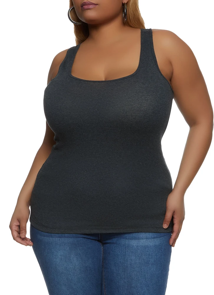 Womens Plus Size Ribbed Knit Racerback Tank Top, Grey, Size 1X