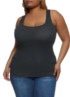 Womens Plus Size Ribbed Knit Racerback Tank Top, Grey, Size 1X