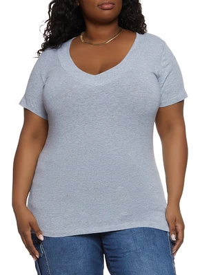 Womens Plus Size Basic V Neck Tee, Grey, Size 2X