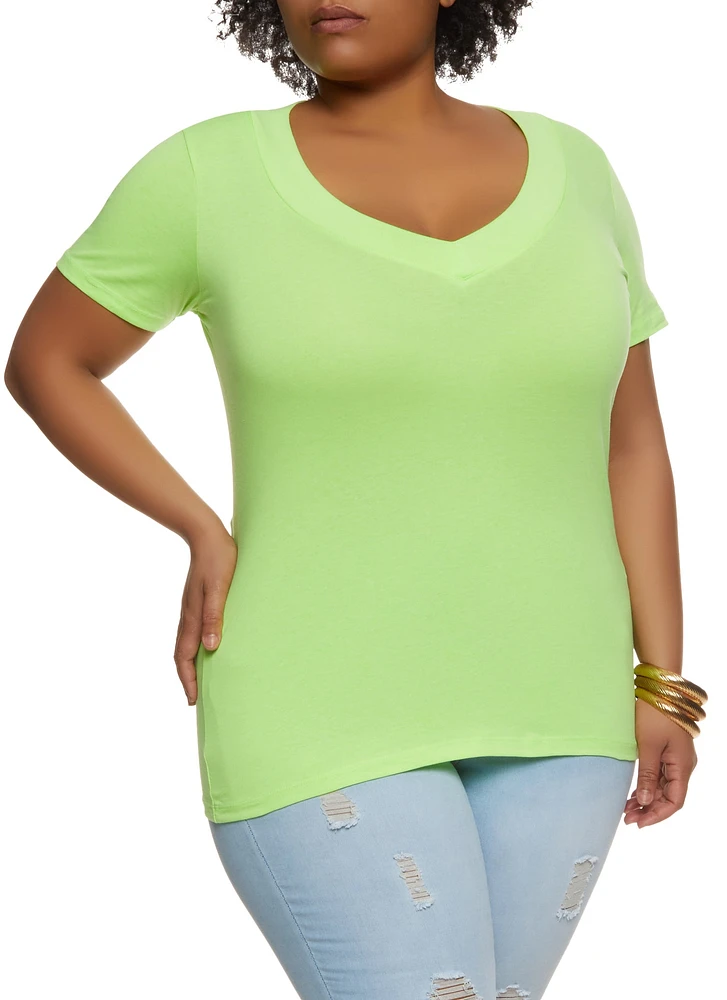 Womens Plus Size Basic V Neck Tee, Green, Size 2X