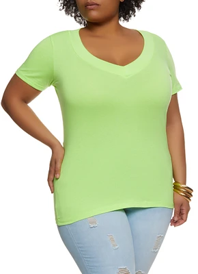 Womens Plus Size Basic V Neck Tee, Green, Size 2X