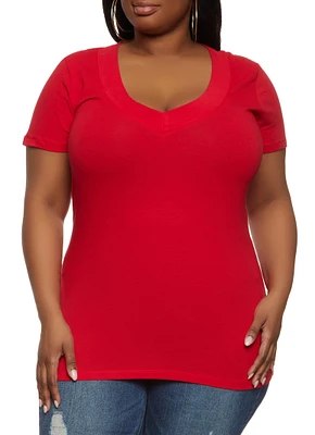 Womens Plus Size Basic V Neck Tee, Red, Size 1X