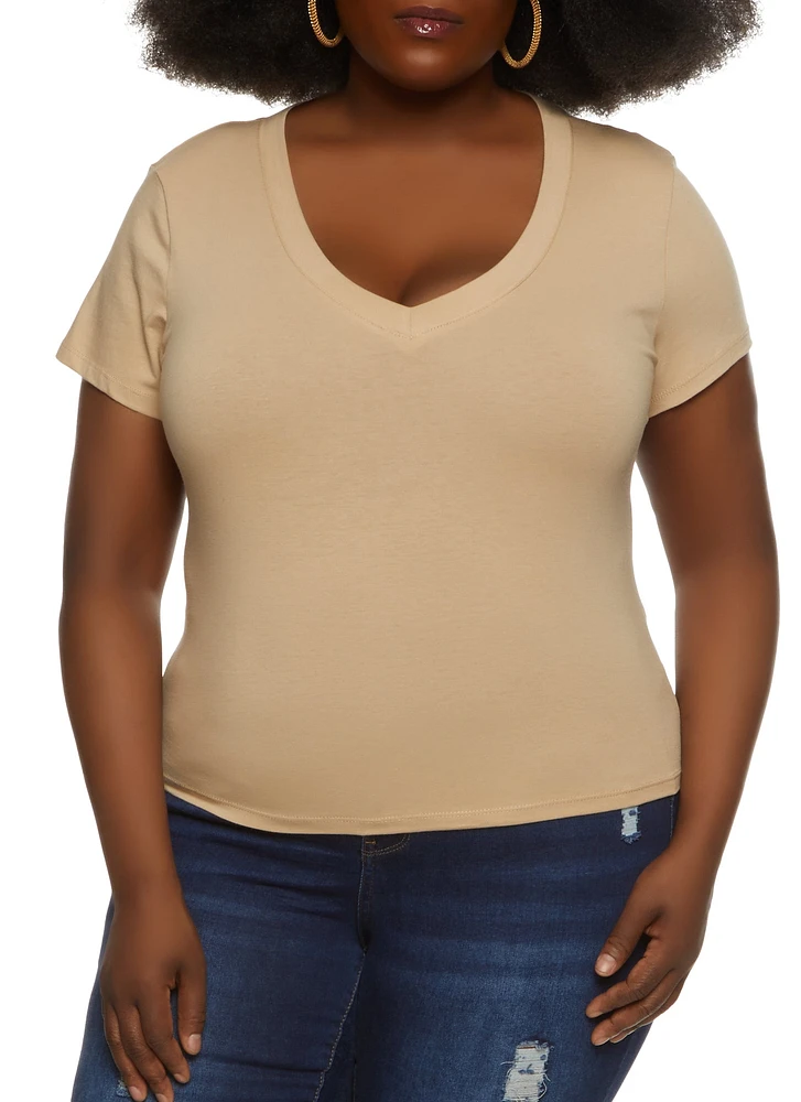 Womens Plus Size V Neck Basic Tee, Beige, Size 3X