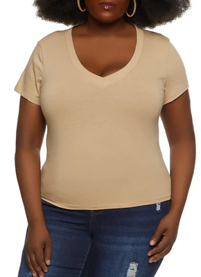 Womens Plus Size V Neck Basic Tee, Beige, Size 3X