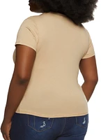 Womens Plus Size V Neck Basic Tee, Beige, Size 3X
