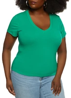 Womens Plus Size V Neck Basic Tee, Green, Size 3X