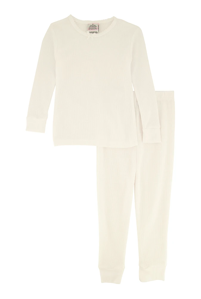 Womens Little Girls Thermal Top and Pants, White,