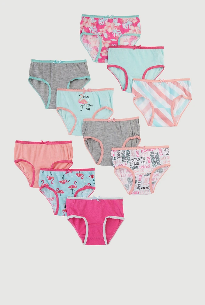 Toddler Girls Contrast Trim Flamingo Print Panties 10 Pack, Multi,