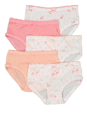 Womens Girls Pointelle Unicorn Print Panties 5 Pack, Multi, Size 6-6X