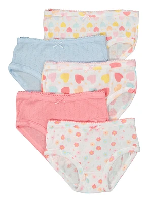 Girls Pointelle Heart Print Panties 5 Pack, Multi,