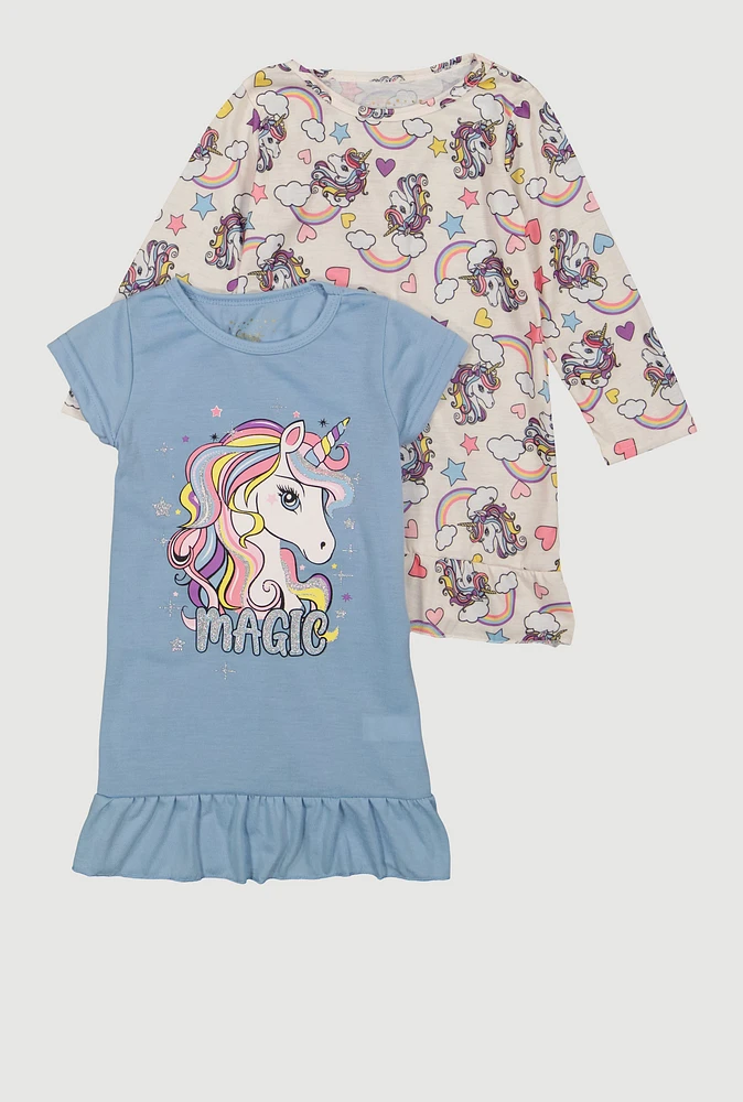 Toddler Girls Unicorn Magic Nightgown 2 Pack, Blue, Size 3T