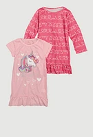 Toddler Girls Unicorn Glitter Graphic Nightgown 2 Pack, Pink, Size 3T