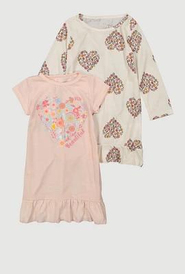 Toddler Girls Heart Graphic Print Nightgown 2 Pack, Multi, Size 2T