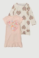 Toddler Girls Heart Graphic Print Nightgown 2 Pack, Multi,