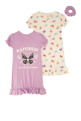 Toddler Girls Butterfly Graphic Nightgowns with Scrunchie, Multi, Size 3T