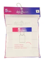Womens Girls Solid Square Neck Camis 5 Pack, White, Size 8-10